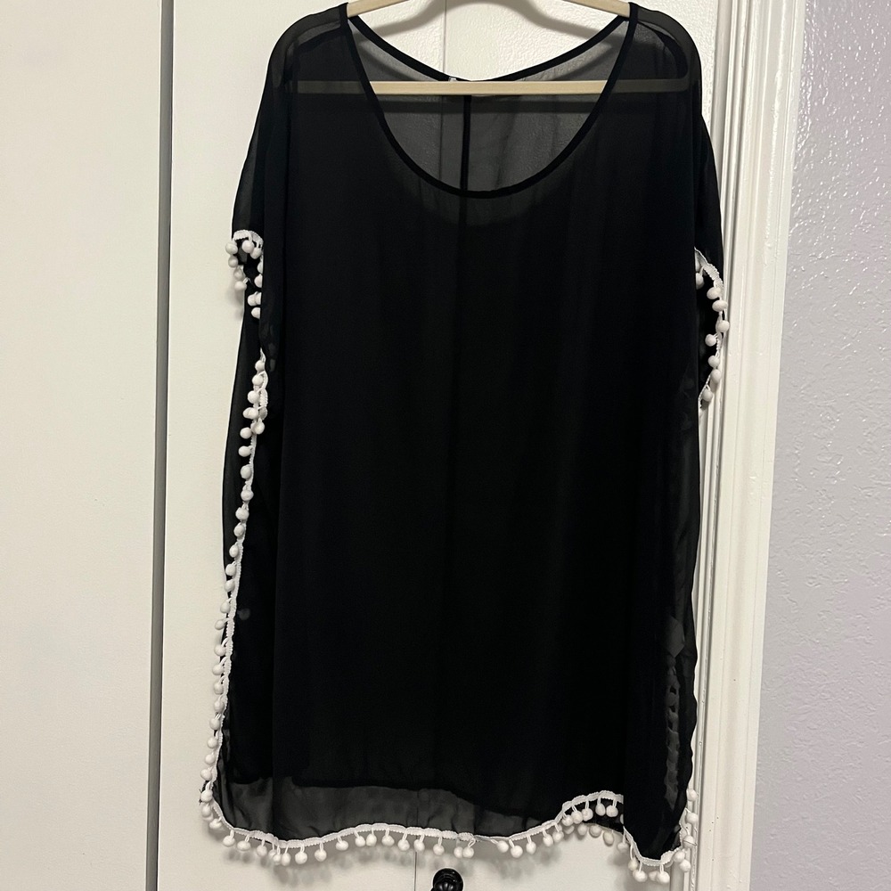 In'Voland Black Chiffon Pom Pom Trim Swimsuit Cover Up Plus Size 16W Womens